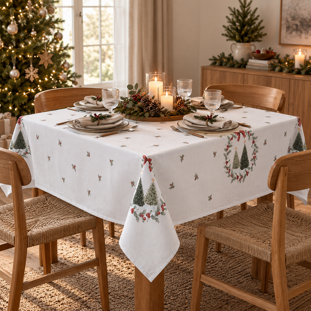 Toalha de Mesa Quadrada Dohler Clean Estampado Digital Bosque de Natal 8 Lugares 1,80m x 1,80m