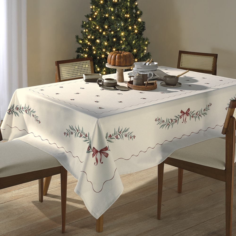 Toalha de Mesa Quadrada Dohler Clean Matisse Estampado Digital Laços de Natal 8 Lugares 2,00m x 2,00m