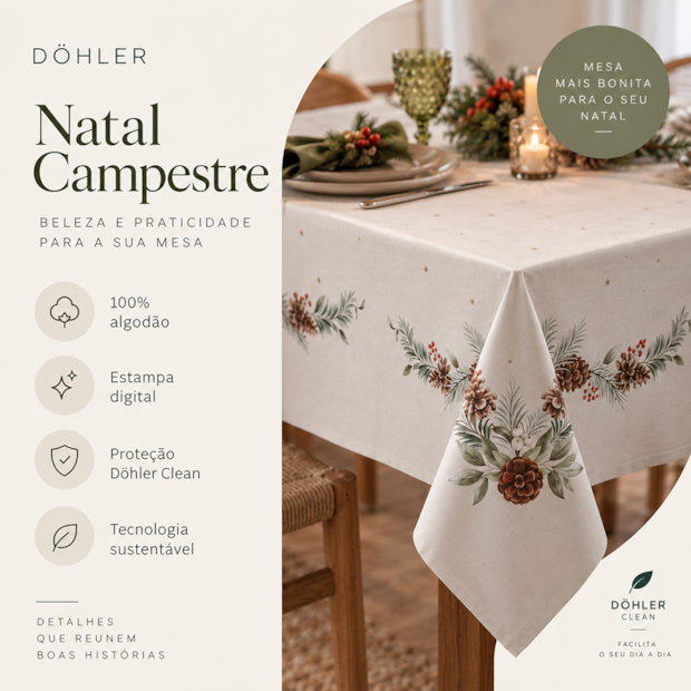 Toalha de Mesa Quadrada Dohler Clean Matisse Estampado Digital Natal Campestre 4 Lugares 1,60m x 1,60m