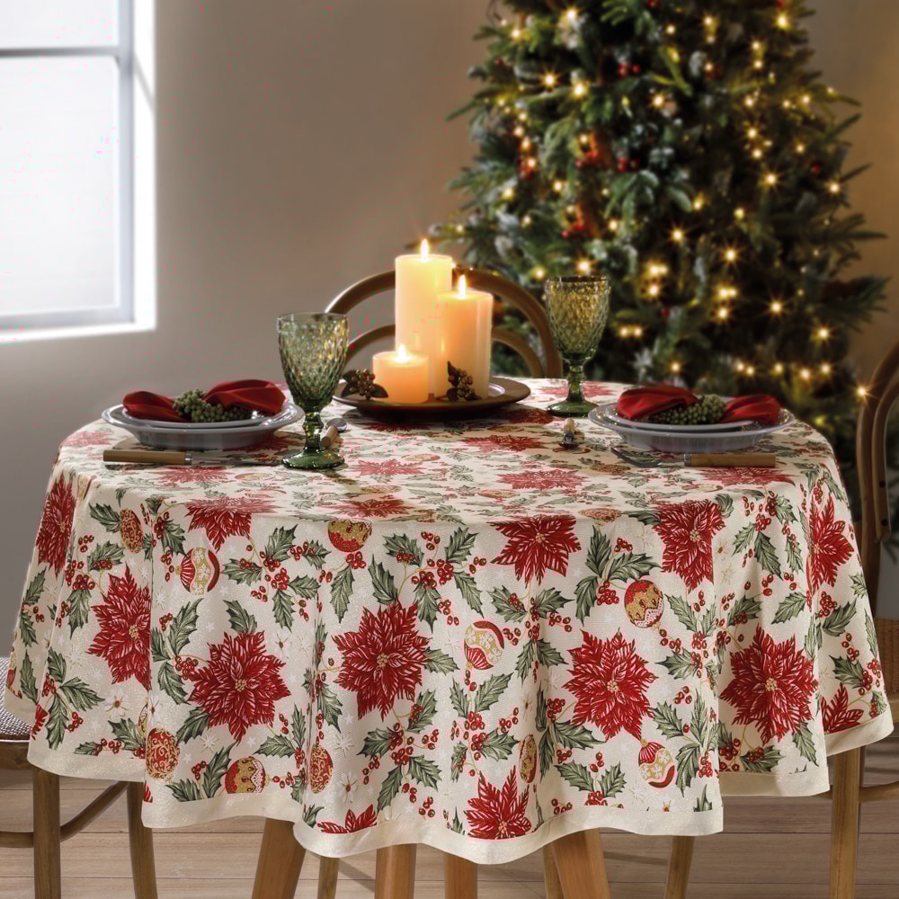 Toalha de Mesa Redonda Dohler Celebra Flores de Natal com Efeito Brilho 4 Lugares 1,60m