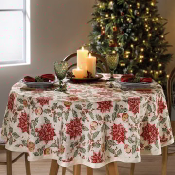 Toalha de Mesa Redonda Dohler Celebra Flores de Natal com Efeito Brilho 4 Lugares 1,60m