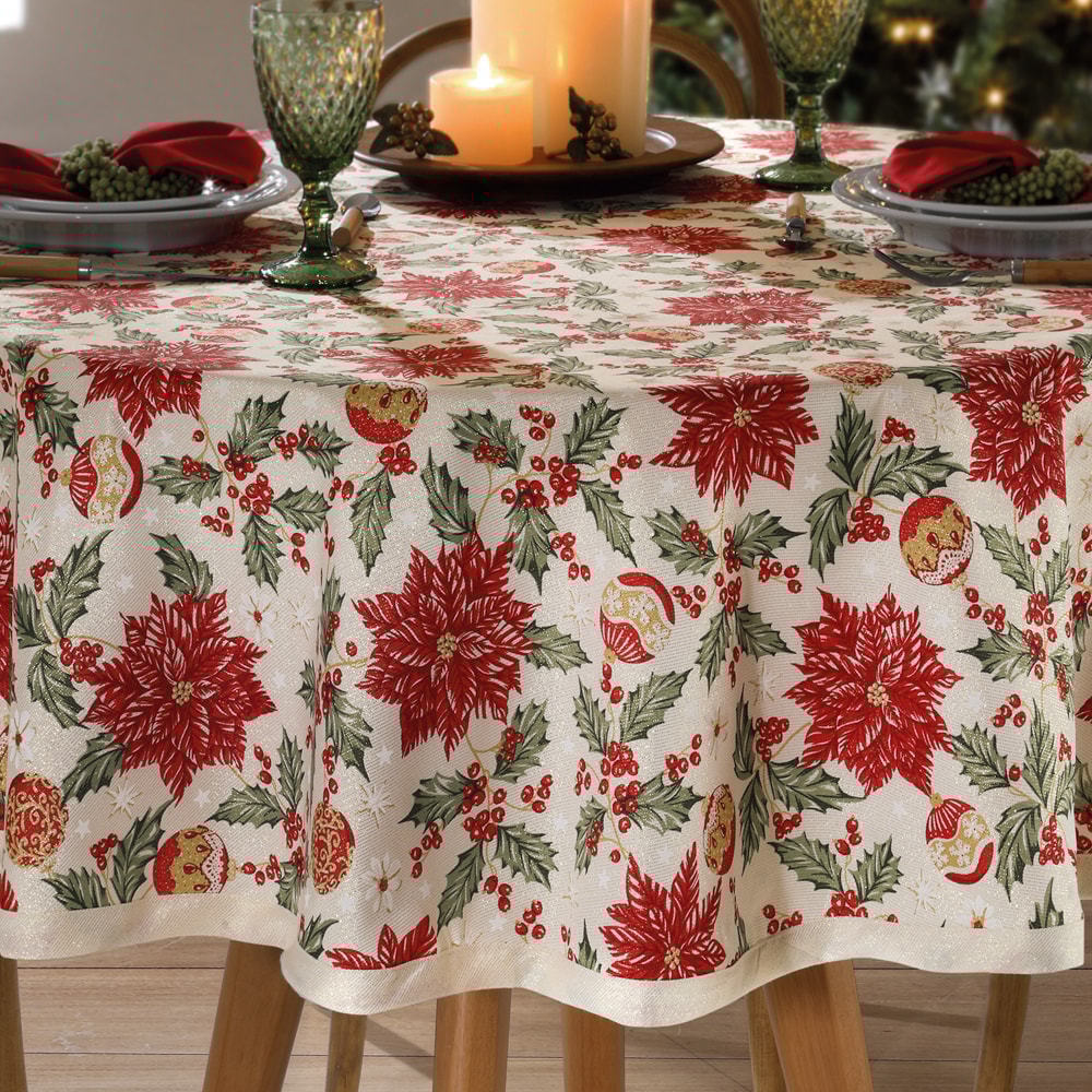 Toalha de Mesa Redonda Dohler Celebra Flores de Natal com Efeito Brilho 4 Lugares 1,60m