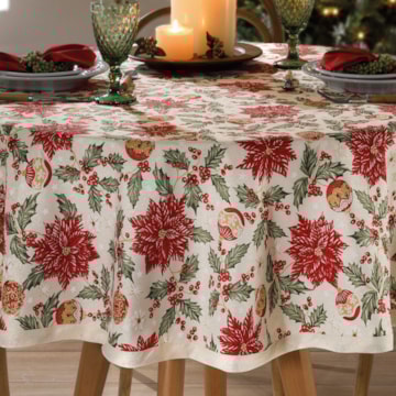 Toalha de Mesa Redonda Dohler Celebra Flores de Natal com Efeito Brilho 4 Lugares 1,60m