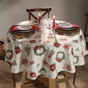 Toalha de Mesa Redonda Dohler Celebra Guirlandas de Natal com Efeito Brilho 4 Lugares 1,60m