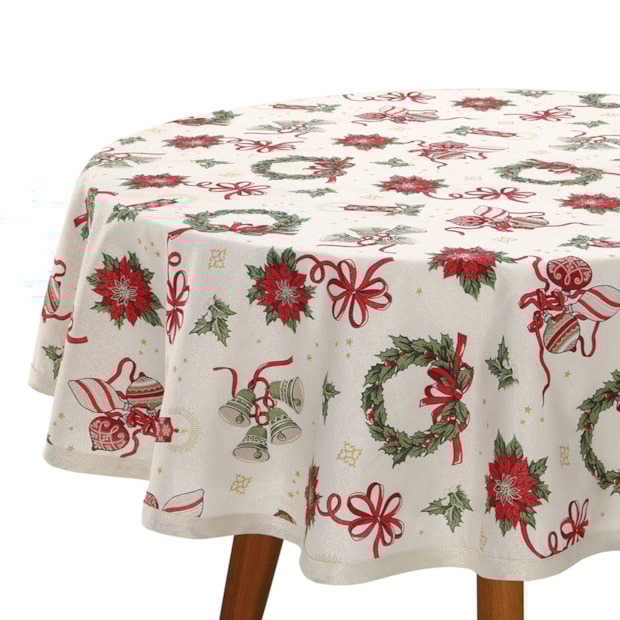 Toalha de Mesa Redonda Dohler Celebra Guirlandas de Natal com Efeito Brilho 4 Lugares 1,60m