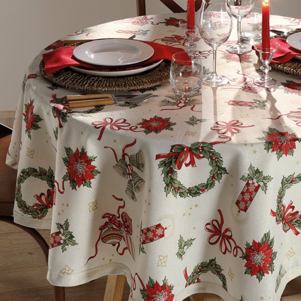 Toalha de Mesa Redonda Dohler Celebra Guirlandas de Natal com Efeito Brilho 4 Lugares 1,60m