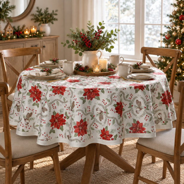 Toalha de Mesa Redonda Dohler Celebra Jardim de Natal com Efeito Brilho 4 Lugares 1,60m