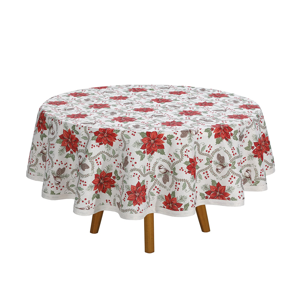 Toalha de Mesa Redonda Dohler Celebra Jardim de Natal com Efeito Brilho 4 Lugares 1,60m