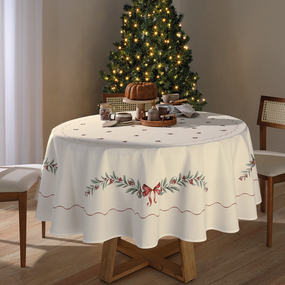 Toalha de Mesa Redonda Dohler Clean Matisse Estampado Digital Laços de Natal 8 Lugares 2,00m