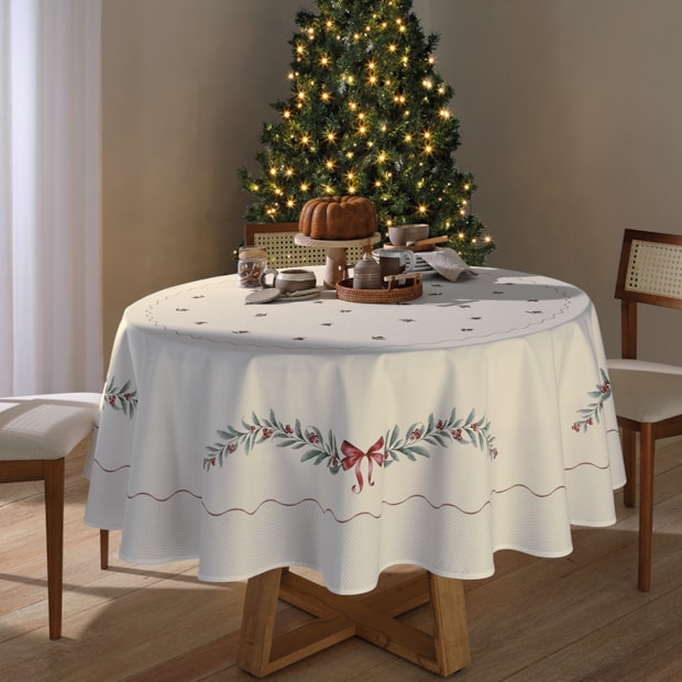 Toalha de Mesa Redonda Dohler Clean Matisse Estampado Digital Laços de Natal 8 Lugares 2,00m