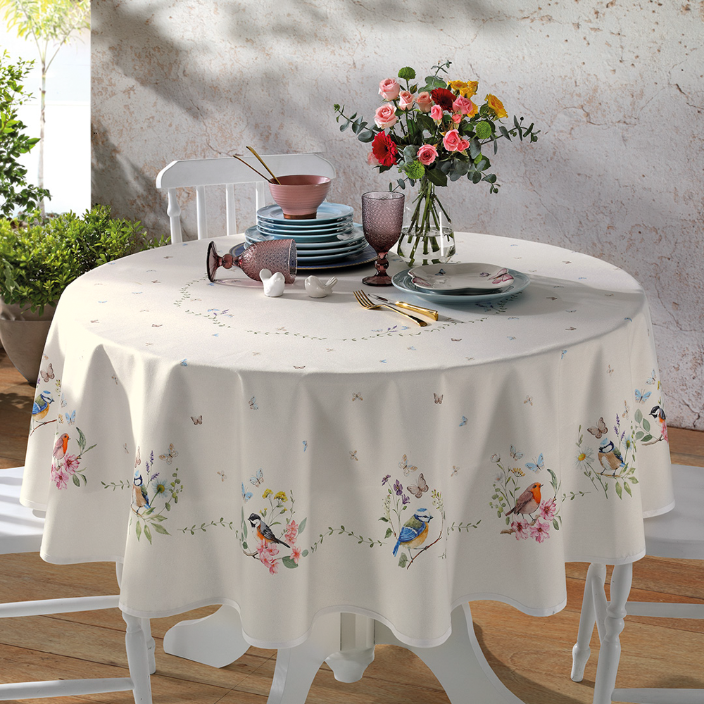 Toalha de Mesa Redonda Dohler Clean Renova Estampado Digital Jardim Off White 8 Lugares 1,80m