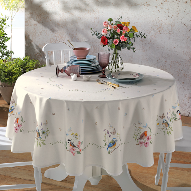 Toalha de Mesa Redonda Dohler Clean Renova Estampado Digital Jardim Off White 8 Lugares 1,80m