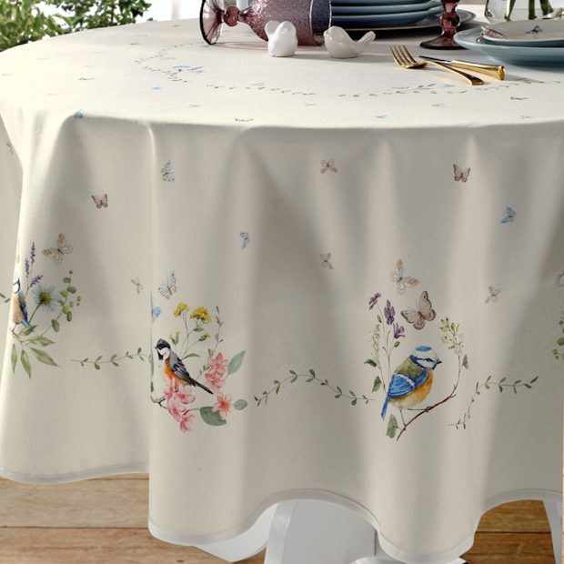 Toalha de Mesa Redonda Dohler Clean Renova Estampado Digital Jardim Off White 8 Lugares 1,80m
