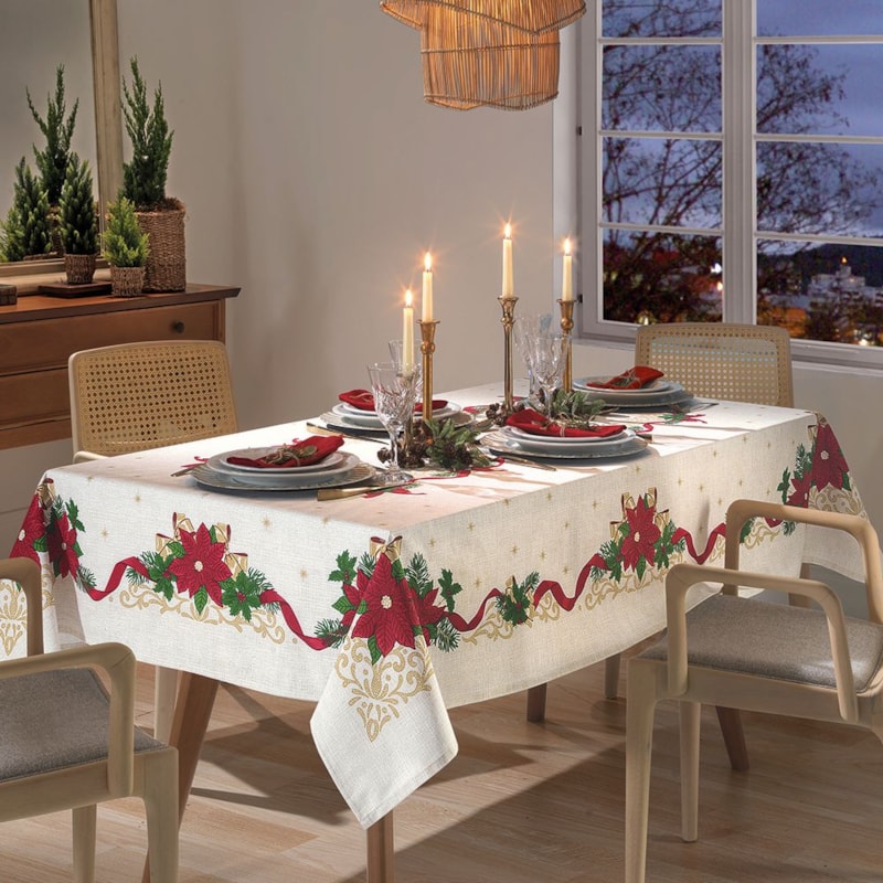 Toalha de Mesa Retangular Dohler Athenas Natal Ornamentos 6 Lugares 1,