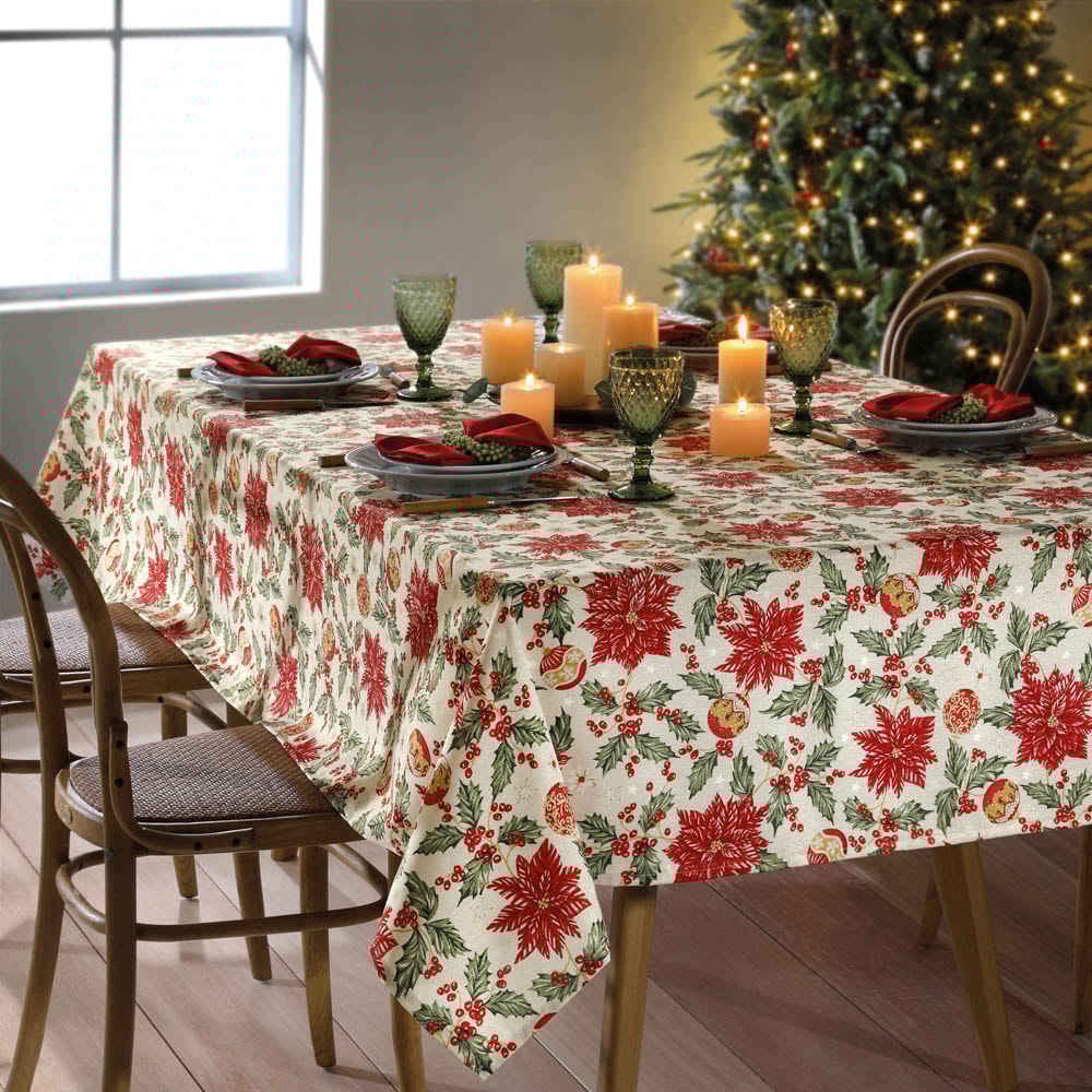 Toalha de Mesa Retangular Dohler Celebra Flores de Natal com Efeito Brilho 8 Lugares 1,60m x 2,70m