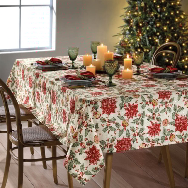 Toalha de Mesa Retangular Dohler Celebra Flores de Natal com Efeito Brilho 8 Lugares 1,60m x 2,70m