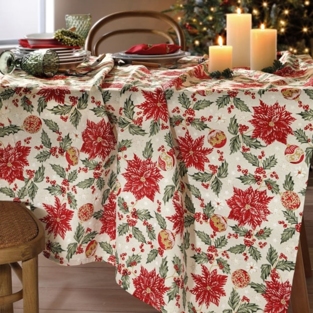 Toalha de Mesa Retangular Dohler Celebra Flores de Natal com Efeito Brilho 8 Lugares 1,60m x 2,70m