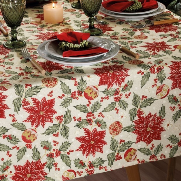 Toalha de Mesa Retangular Dohler Celebra Flores de Natal com Efeito Brilho 8 Lugares 1,60m x 2,70m