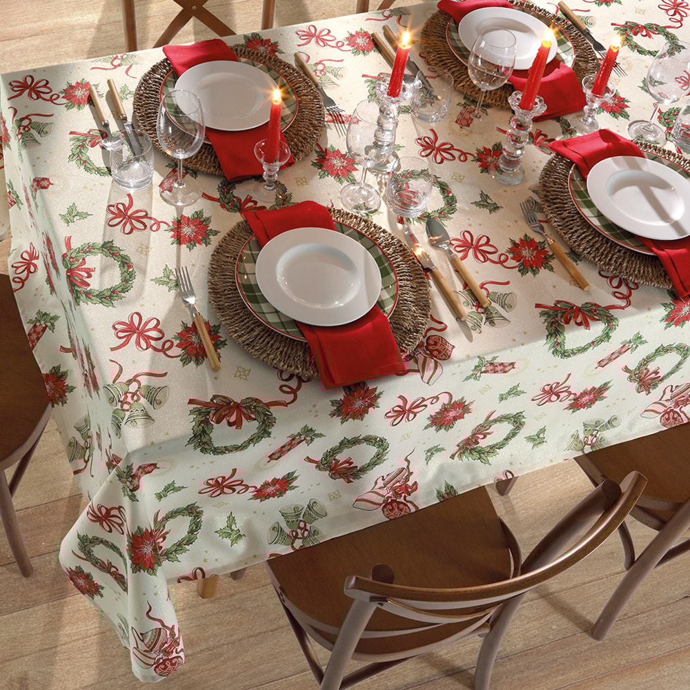 Toalha de Mesa Retangular Dohler Celebra Guirlandas de Natal com Efeito Brilho 8 Lugares 1,60m x 2,70m
