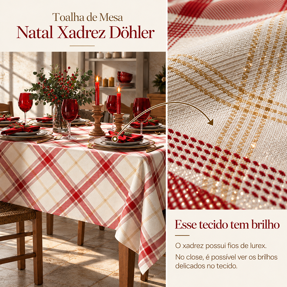 Toalha de Mesa Retangular Dohler Celebra Natal Xadrez com Brilho 8 Lugares 1,60m x 2,70m
