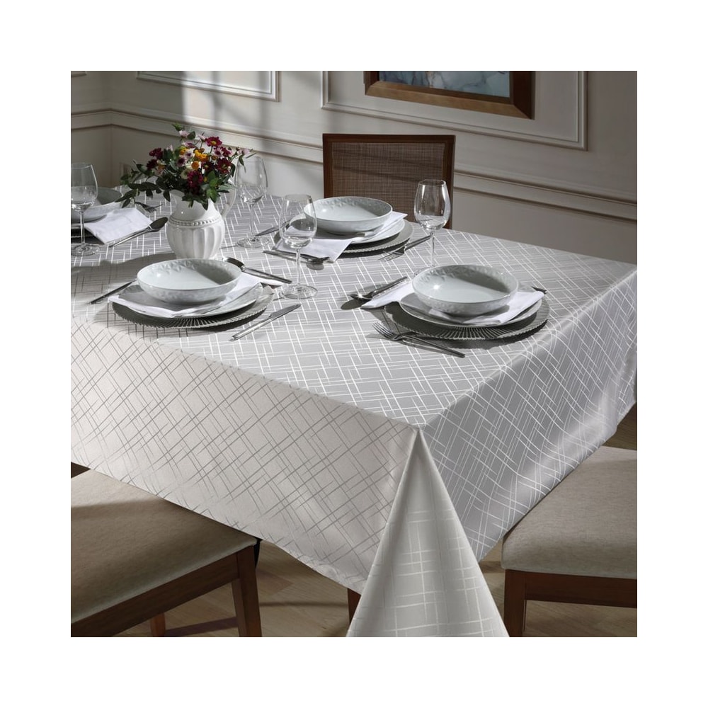 Toalha de Mesa Retangular Dohler Requinte Linhas TJ-5795 Prata 6 Lugares 1,40m x 2,10m
