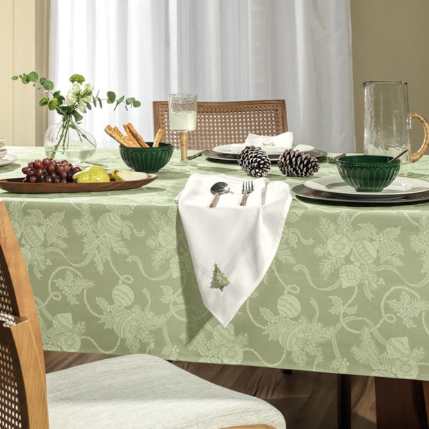 Toalha de Mesa Retangular Karsten Jacquard Fitas de Natal 8 Lugares 1,40m x 2,50m