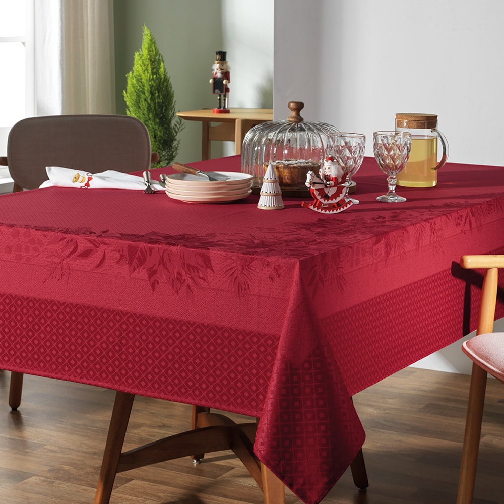 Toalha de Mesa Retangular Karsten Jacquard Sempre Limpa Flor do Natal 12 Lugares 1,60m x 3,20m