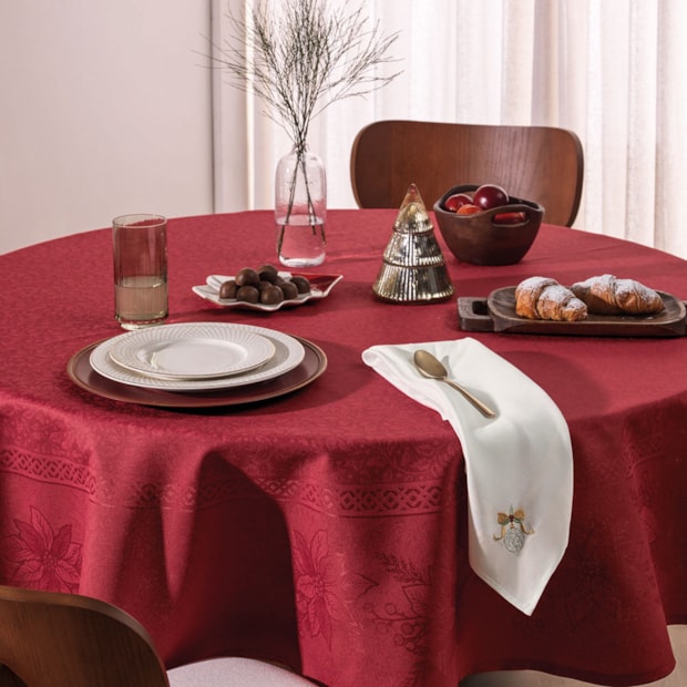 Toalha de Mesa Retangular Karsten Natal Jacquard Sempre Limpa Flor Estrela 6 Lugares 1,60m x 2,20m
