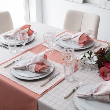 Toalha de Mesa Retangular Naturalle Limpeza Prática Grid Coral 8 lugares 1,60m x 2,50m