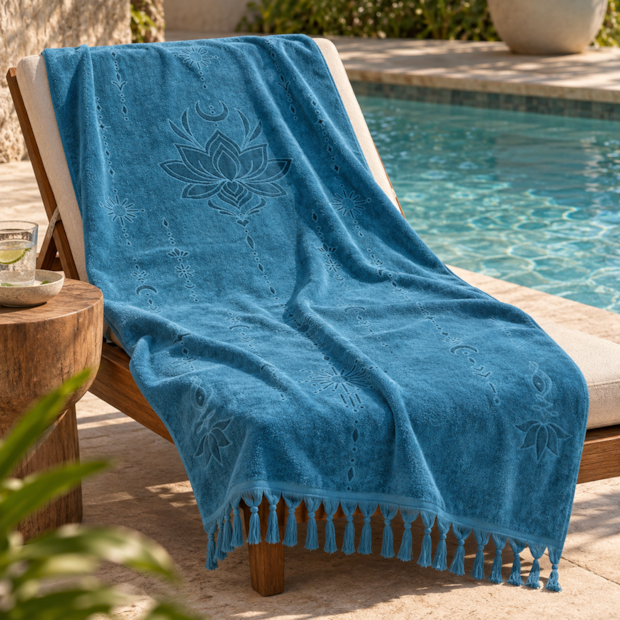 Toalha de Praia Buddemeyer Luxus Lotus 100% Algodão c/ Franjas em Macramê 1,00m x 1,80m