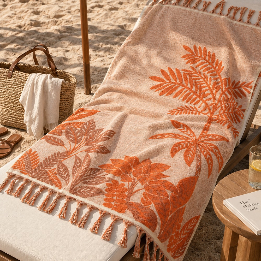 Toalha de Praia Buddemeyer Luxus Oasis 100% Algodão c/ Franjas em Macramê 90cm x 1,80m