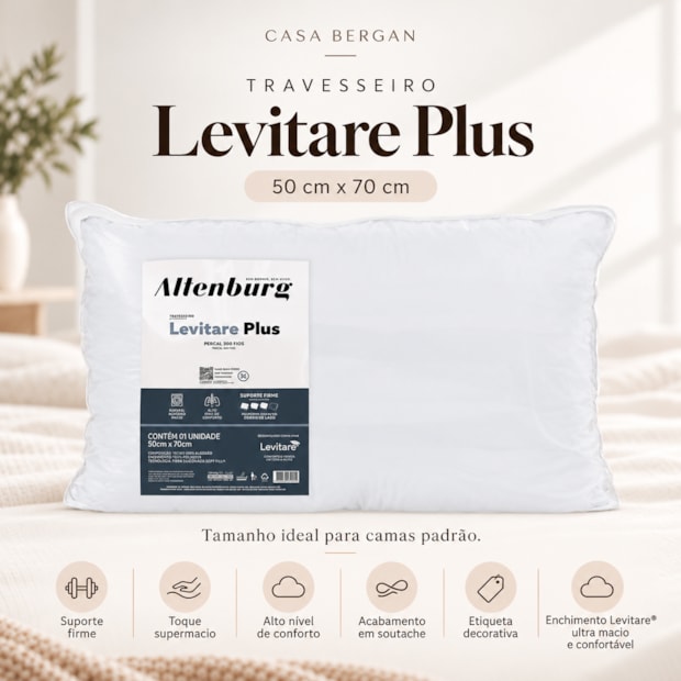 Travesseiro Altenburg Levitare Plus 100% Algodão Percal 233 Fios Suporte Firme 50cm X 70cm (1 Peça)