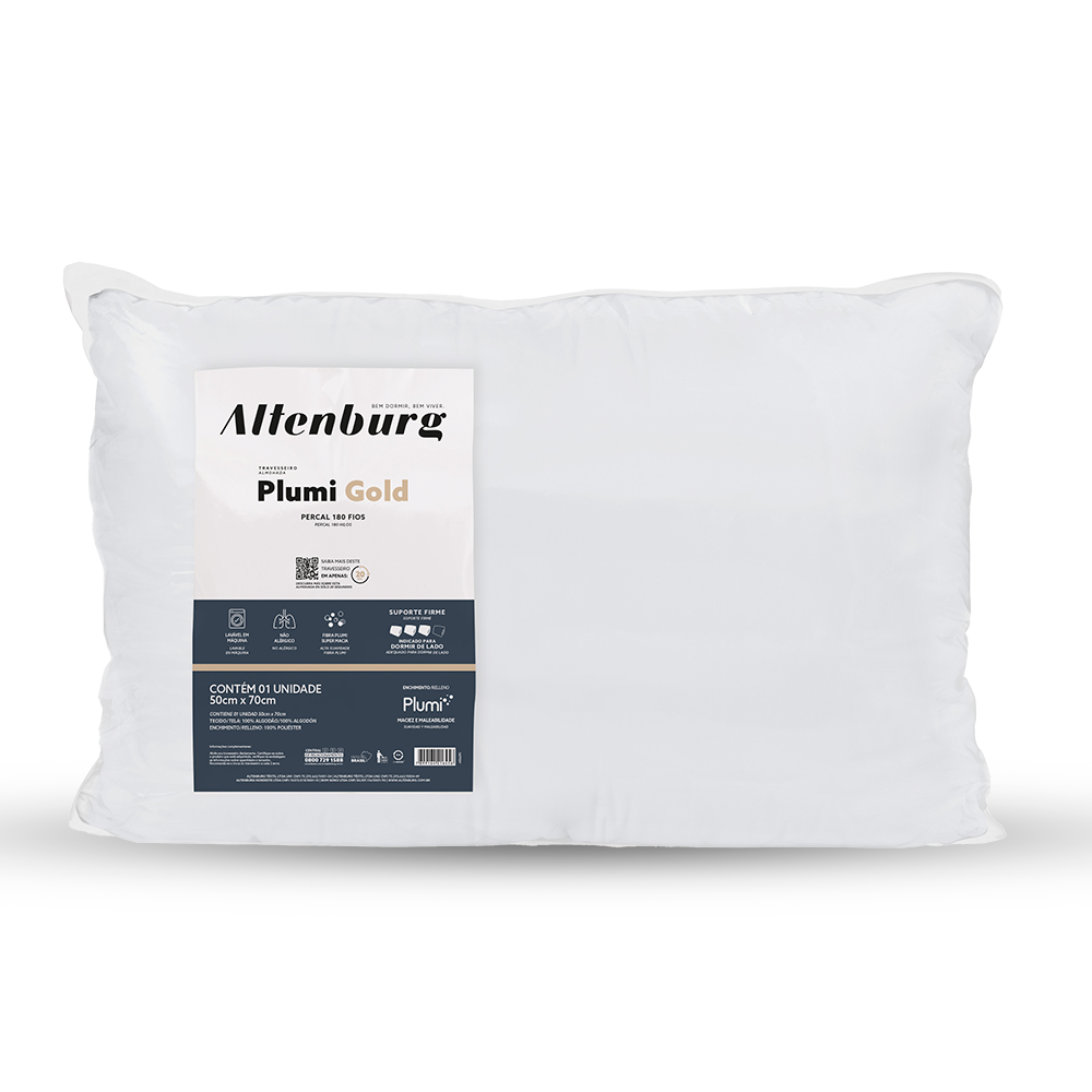Travesseiro Altenburg Plumi Gold 100% Algodão Percal 180 Fios Suporte Firme 50cm x 70cm (1 Peça)