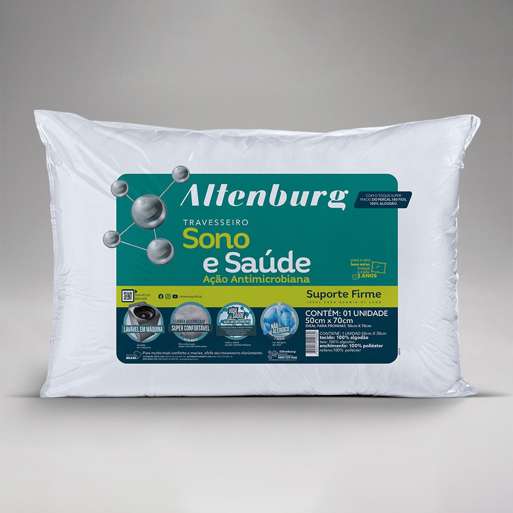 Travesseiro Altenburg Sono & Saúde 100% Algodão Percal 180 Fios Suporte Firme 50cm X 70cm (1 Peça)