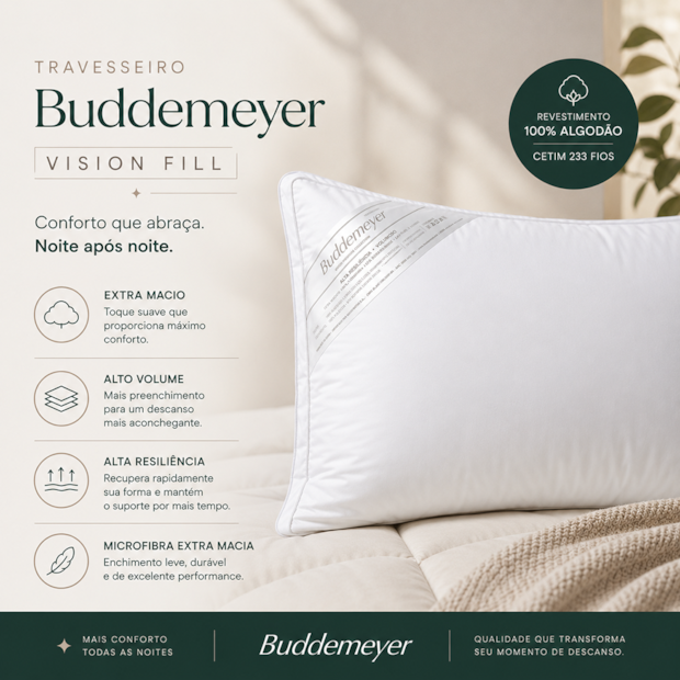 Travesseiro Buddemeyer Vision Fill 100% Algodão Cetim 233 fios 50cm x 70cm (1 Peça)