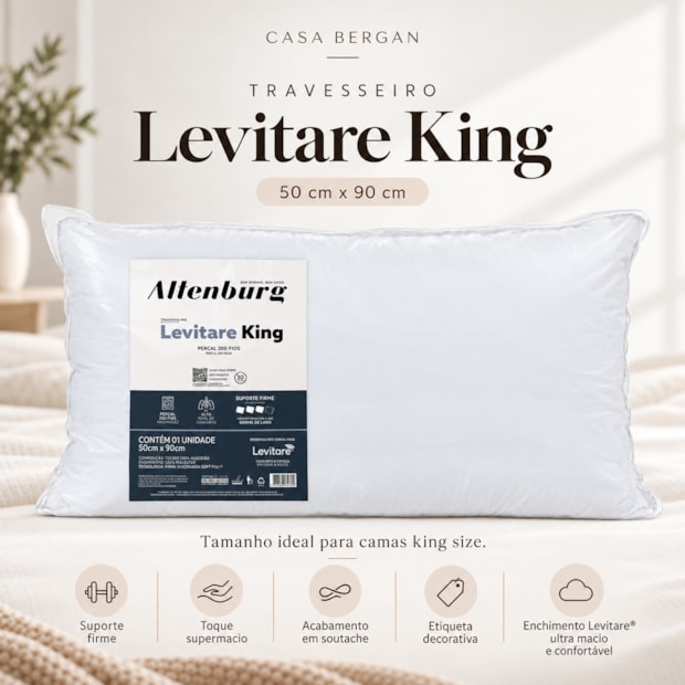 Travesseiro King Size Altenburg Levitare King 100% Algodão Percal 233 Fios Suporte Firme 50cm X 90cm (1 Peça)