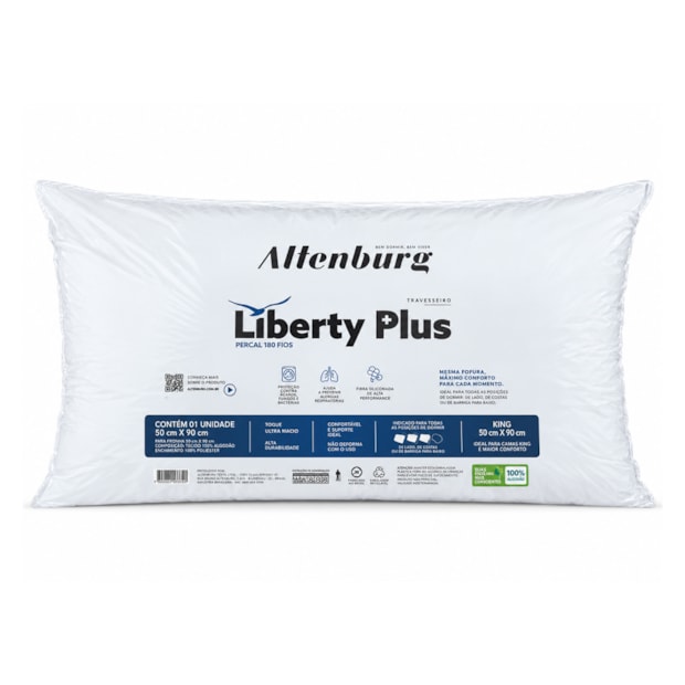 Travesseiro King Size Altenburg Liberty Plus 100% Algodão Percal 180 fios Suporte Firme 50cm x 90cm (1 Peça)