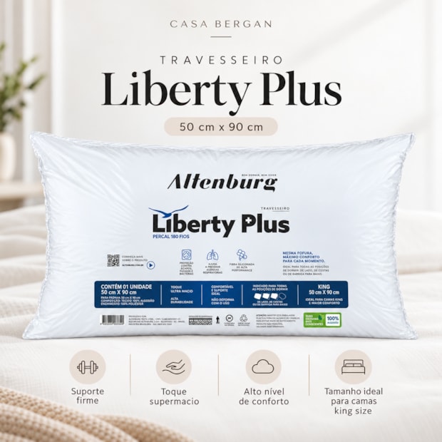 Travesseiro King Size Altenburg Liberty Plus 100% Algodão Percal 180 fios Suporte Firme 50cm x 90cm (1 Peça)